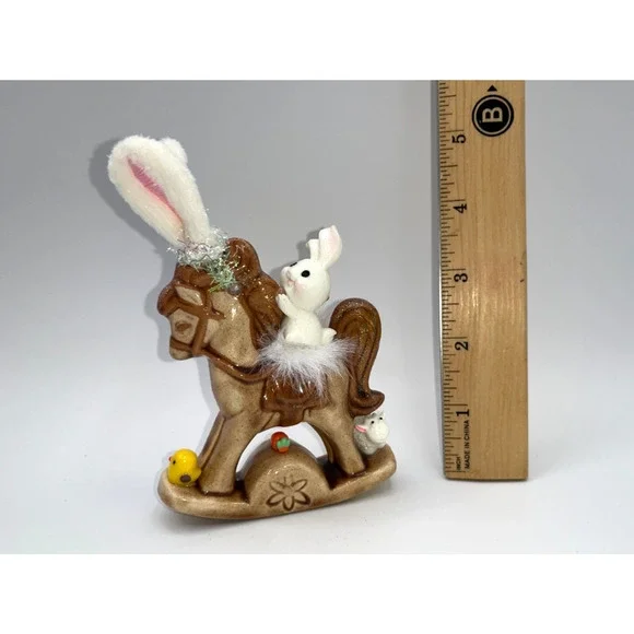 Vintage Ceramic Mini Rocking Horse Easter Bunny Chick Rider Faux Fur saddle OOAK - Picture 15 of 16